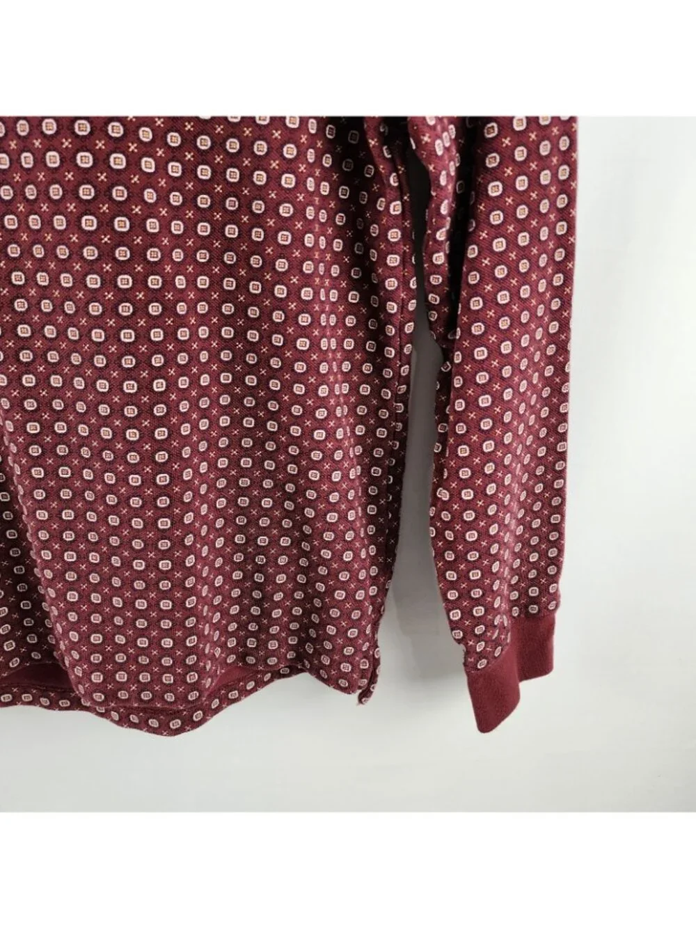 J. Crew Mens Shirt Medium Burgundy White Geometric Oarsman L/S Golf Polo